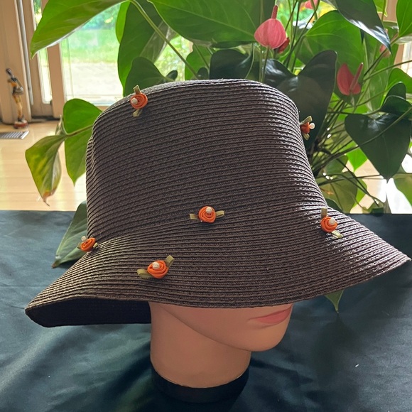 Accessories - Stylish Brown Hat with Orange Floral Accents